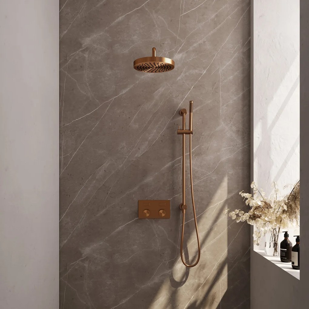 Brauer Stripe inbouw regendouche met 25cm hoofddouche, gebogen muurarm, staafhanddouche en glijstang set 32 koper geborsteld PVD