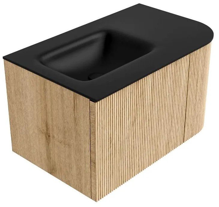 Mondiaz Kurve 75cm badmeubel ronding rechts oak met 1 lade en deur en wastafel grunne kraangat links urban