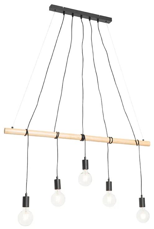 Eettafel / Eetkamer Landelijke hanglamp zwart met hout 5-lichts - Dami Landelijk E27 Binnenverlichting Lamp