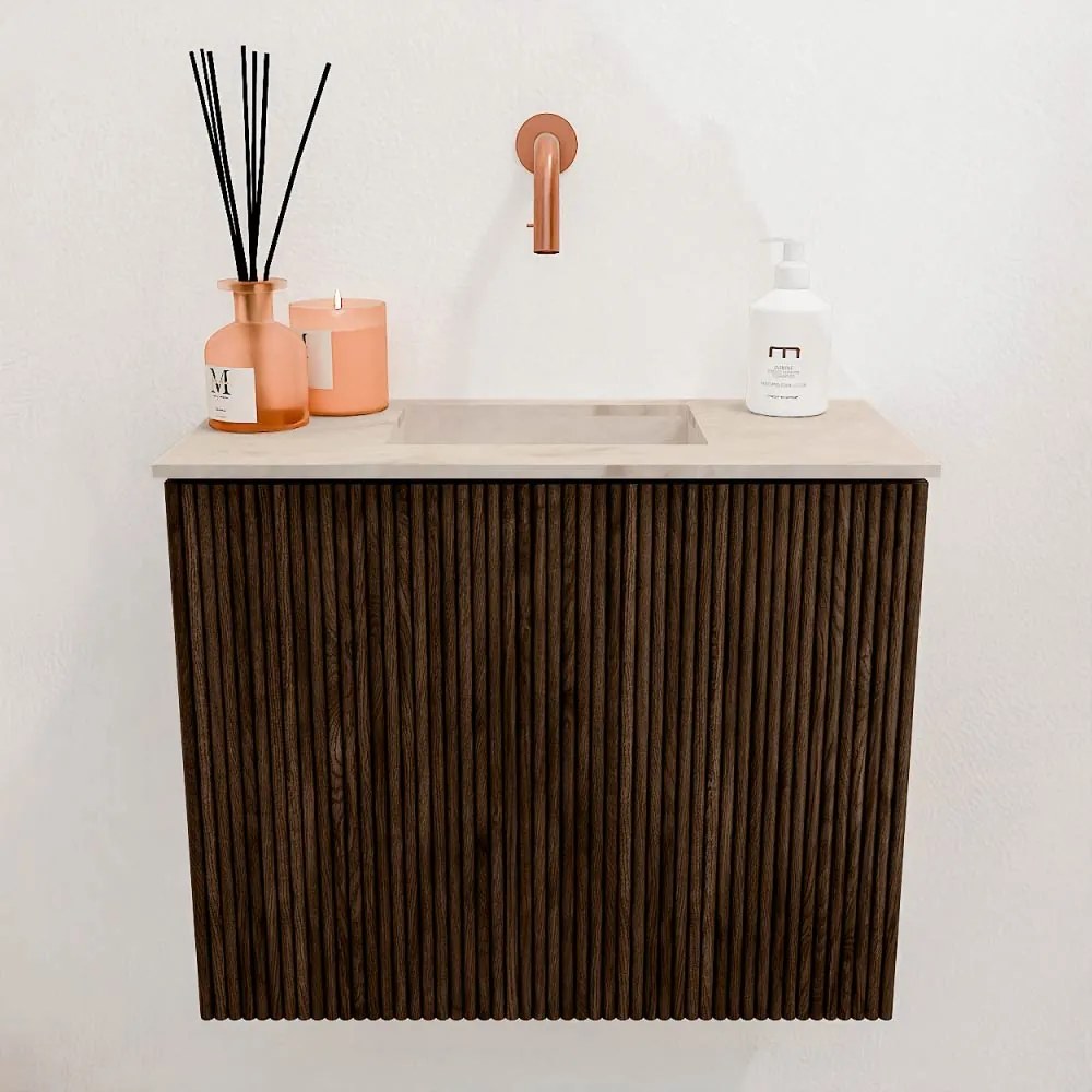 Mondiaz Joya DLux 50cm toiletmeubel walnut met wastafel faye midden zonder kraangat frappe