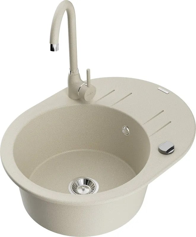 Mexen Kevin granitische spoelbak 1-kompartement met afdruiprek en keukenkraan Telma, beige - 6517-69-670200-69