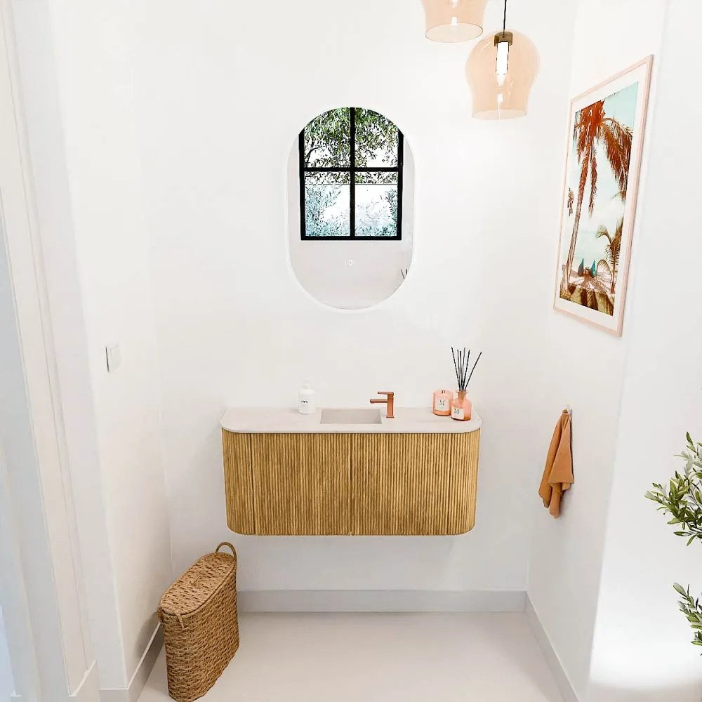 Mondiaz Joya DLux 95cm toiletmeubel ronding links/rechts oak met wastafel faye midden 1 kraangat meli