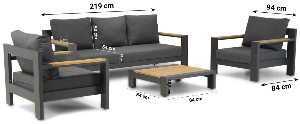 Stoel en Bank Loungeset 5 personen Aluminium/Aluminium/teak Grijs  Lifestyle Garden Furniture Milano