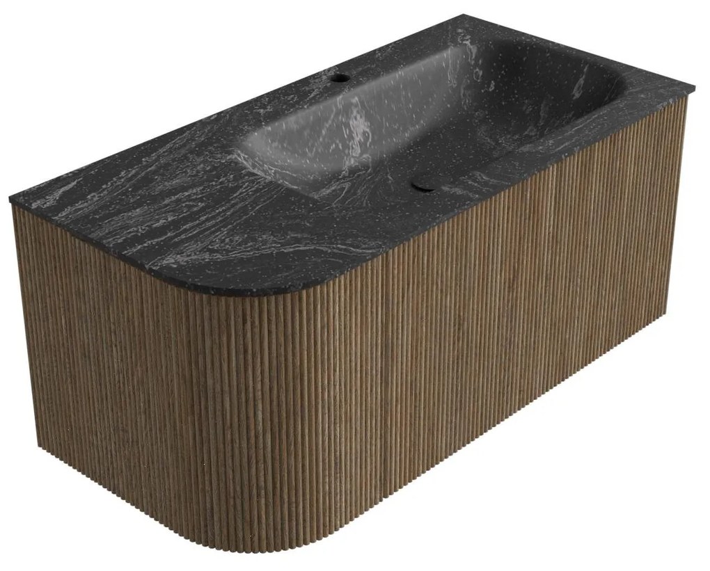 Mondiaz Kurve-dlux 95cm badmeubel ronding links dusk met 1 lade en deur en wastafel big small kraangat rechts lava
