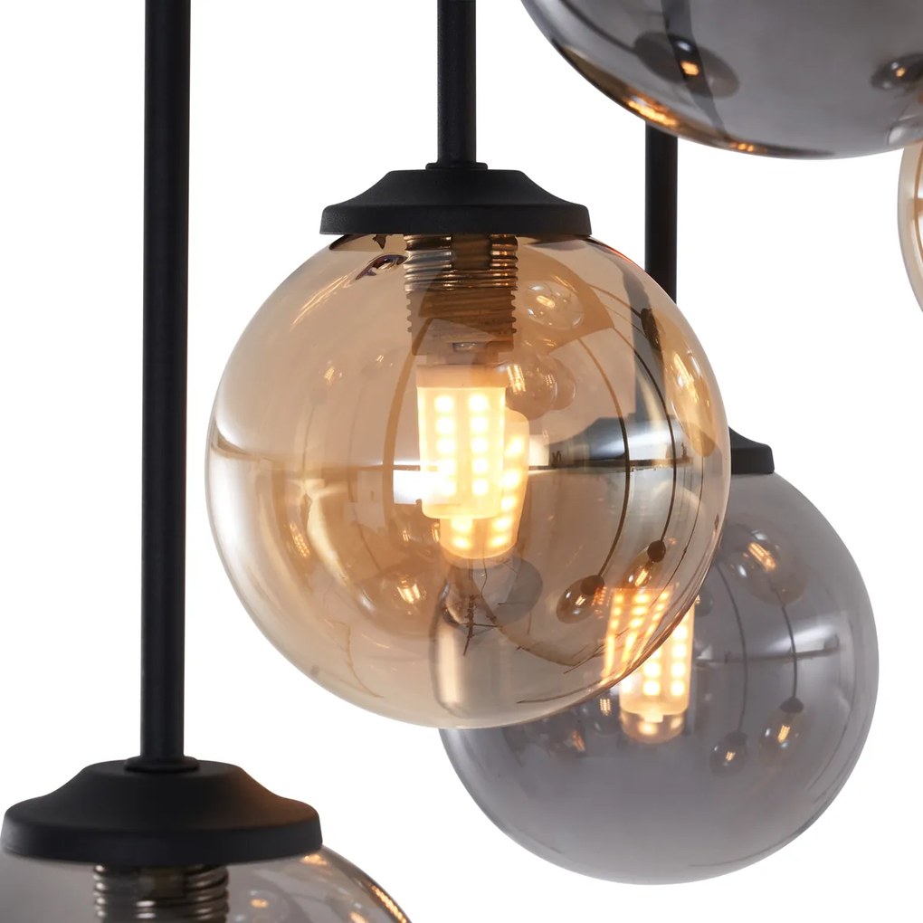 Moderne plafondlamp zwart met amber en smoke glas 9-lichts - Athens Modern G9 bol / globe / rond vierkant Binnenverlichting Lamp