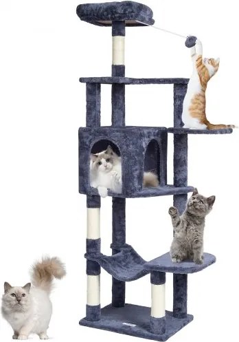 VEVOR Kattenboom voor Binnenkatten, 153 cm Kattentoren met Kattenhuis, Sisal Krabpaal, Hangmat, Bovenzitstok, Springplatforms, Groot Kattenmeubel Activiteitencentrum met Hangende Bal, Donkergrijs
