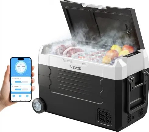 VEVOR Compressor Koelbox 12/24 V DC 100–240 V AC, Autokoelkast 35 L met app-bediening, wielen en 2 temperatuurzones (-20 °C tot 20 °C), Draagbare koelkast voor campers, boten, kamperen en vissen
