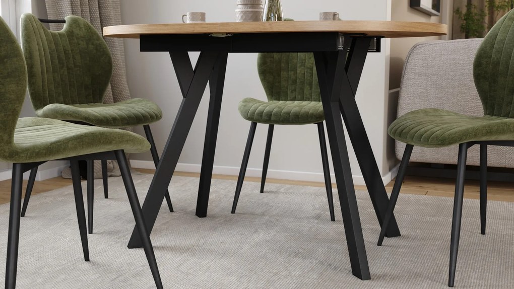 Mazzoni ALMO Artisan Eiken / zwarte poten - OVALE UITSCHUIFTAFEL 120-220 cm VOOR 10-12 PERSONEN