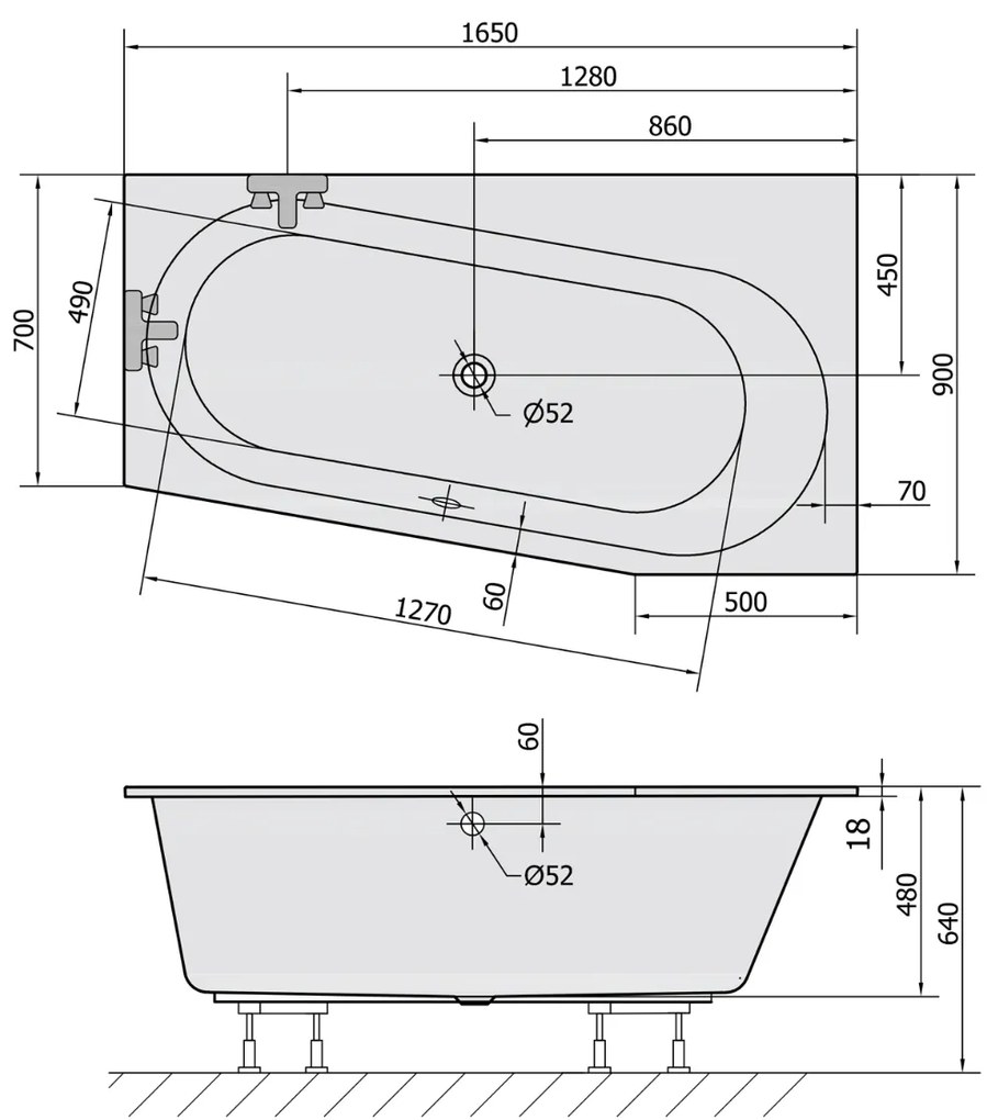 Polysan Astra Slim asymmetrisch bad rechts schuin 165x80x48cm wit