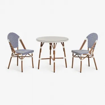 Set Ronde Tafel Ø80 Cm En 2 Stapelbare Eetkamerstoelen In Aluminium Brielle Bistro Ken Blauw - Gardenia Wit - Sklum