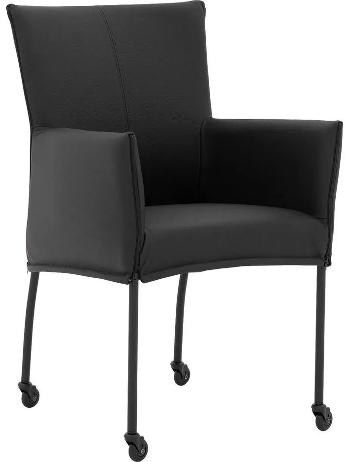 Goossens Eetkamerstoel Funk Zwarte Poten zwart leer met armleuning en Zwart skater wiel met zwarte kapmet wielen, modern design