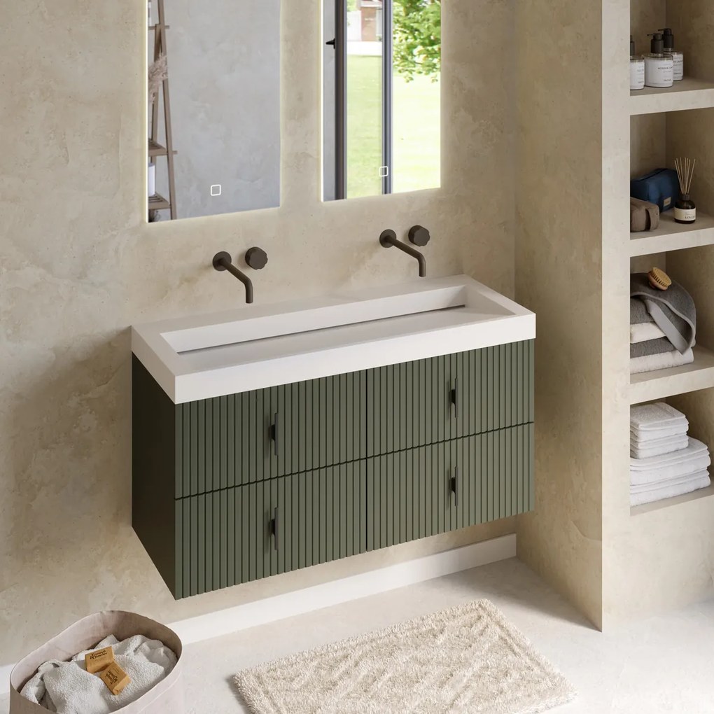 Muebles Estella badmeubel ribbelfront 120cm legergroen met solid surface wastafel zonder kraangaten