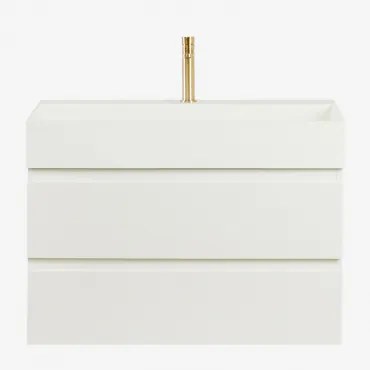 Ona Zwevend Badkamermeubelset Van Hout En Essenfineer Met Geïntegreerde Wastafel Wit & Spiegelloze & Geborsteld Goudkleurig ↑20 - Sklum