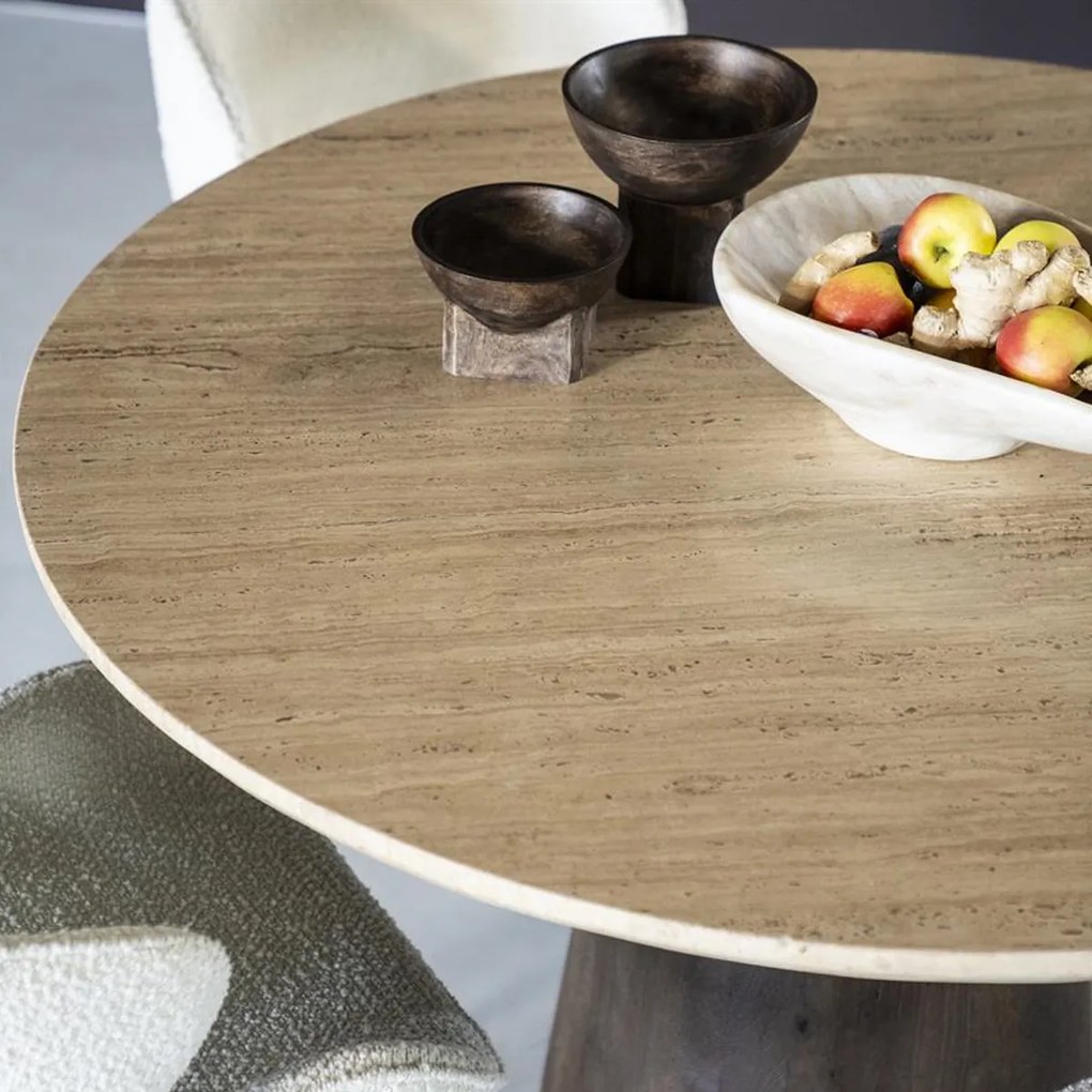 Ronde Eettafel Travertin En Mangohout - 130 X 130cm.