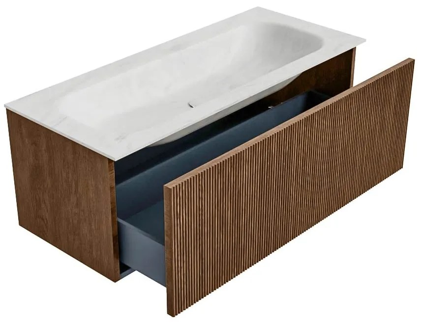 Mondiaz Kurve-dlux 110cm badmeubel walnut met 1 lade en wastafel big medium midden zonder kraangat opalo