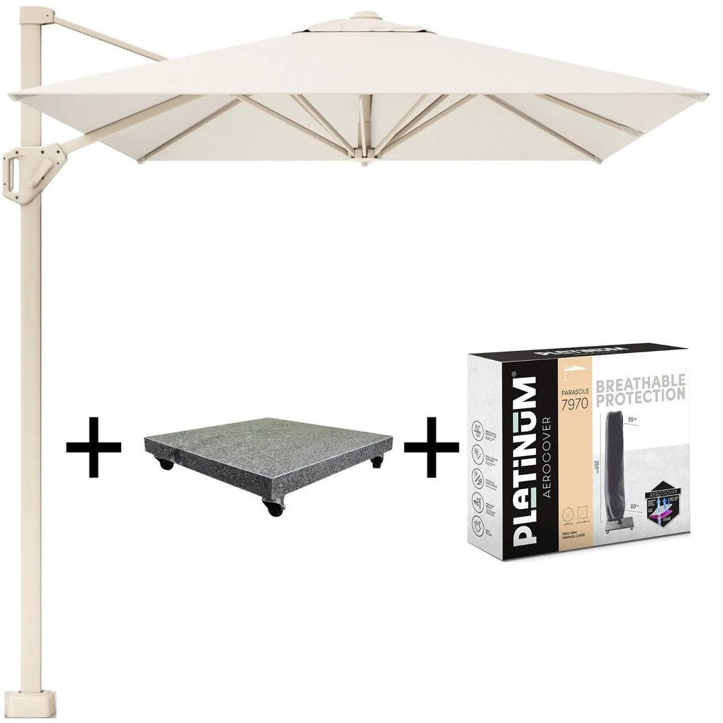 Voyager T1 zweefparasol 250x250 cm sandstone Ivory met 90kg voet en hoes