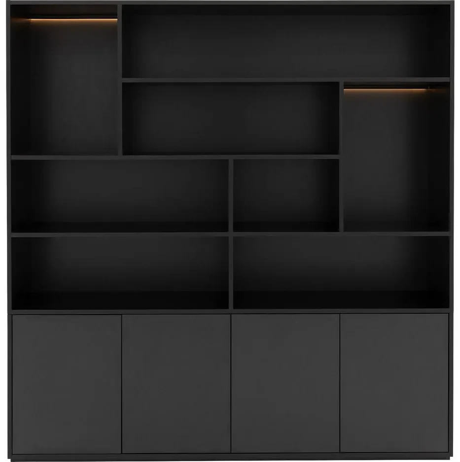 Goossens Basic Buffetkast Madrid, 4 dichte deuren 8 open vakken, zwart melamine, 184 x 191 x 45 cm, elegant chic