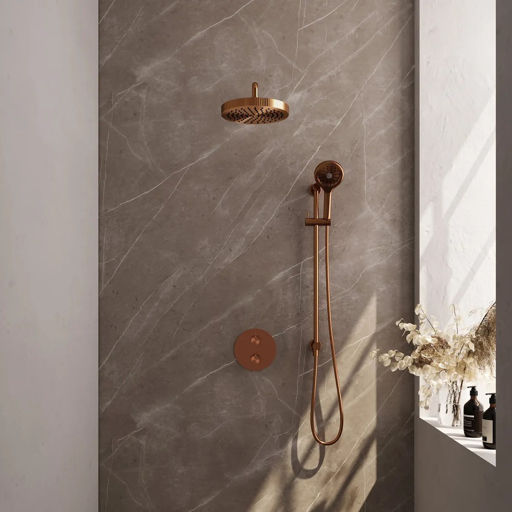 Brauer Stripe inbouw regendouche rond met 25cm hoofddouche, rond met gebogen muurarm, glijstang en 3 standen handdouche set 47 koper geborsteld PVD