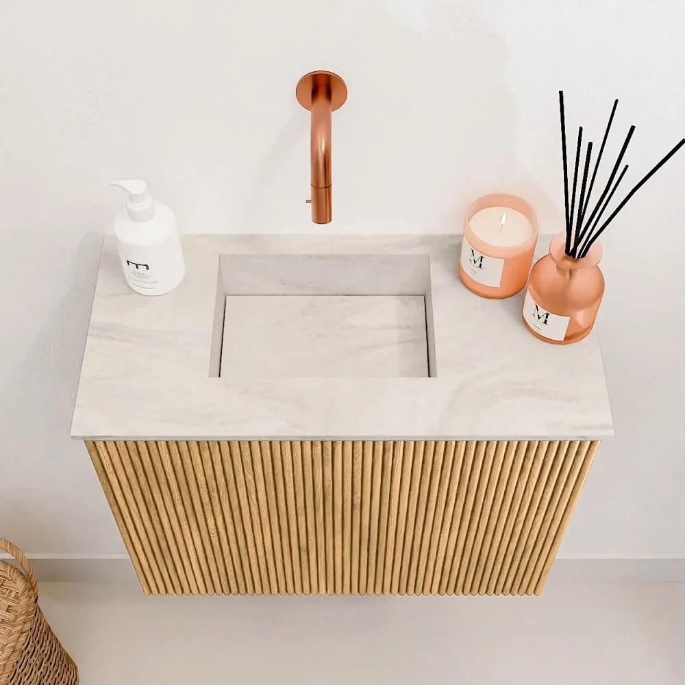 Mondiaz Joya DLux 50cm toiletmeubel oak met wastafel faye links zonder kraangat ostra