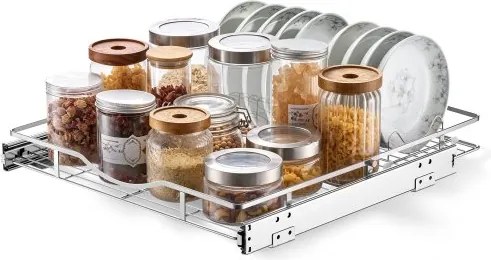 VEVOR Uitschuifbare kastorganizer 500 x 535 mm (B x D) gemaakt van koolstofstaal voor kookgerei, kruidenpotjes, etenswaren en schoonmaakartikelen, verchroomd oppervlak, uittrekbare plank voor onderkasten.