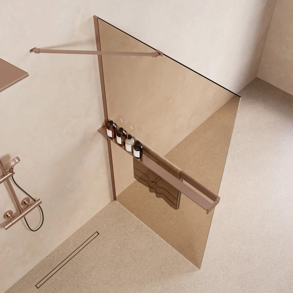 Saniclear Oblique inloopdouche 100cm met handdoekhouder en bronsglas geborsteld koper