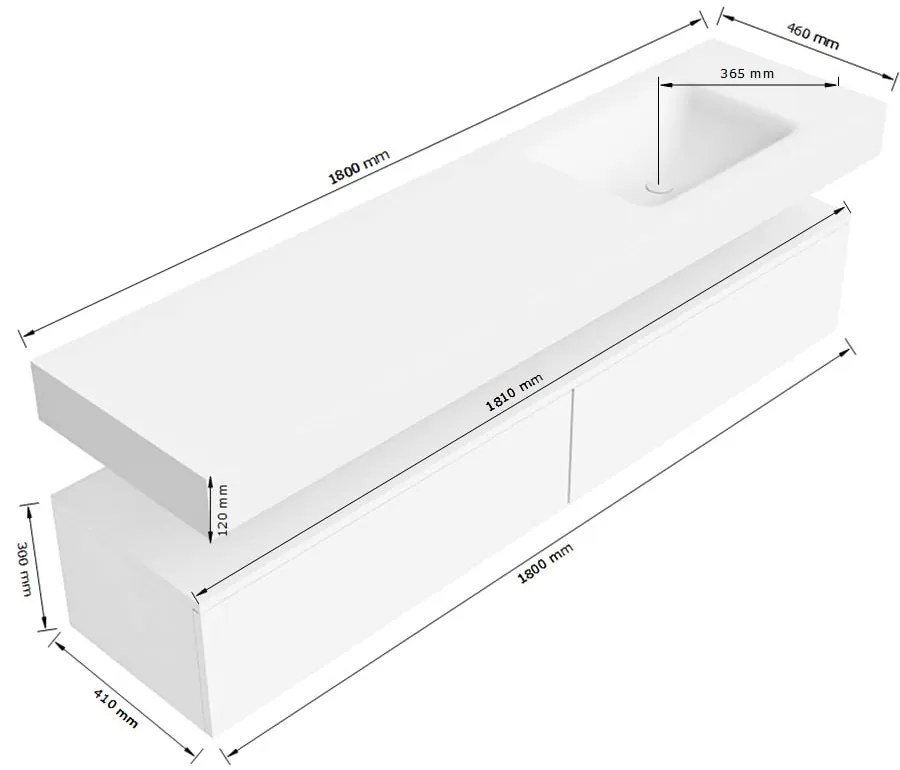 Zaro Alan badmeubel 180cm talc 2 lades met vrijhangende wastafel cloud rechts 1 kraangat urban