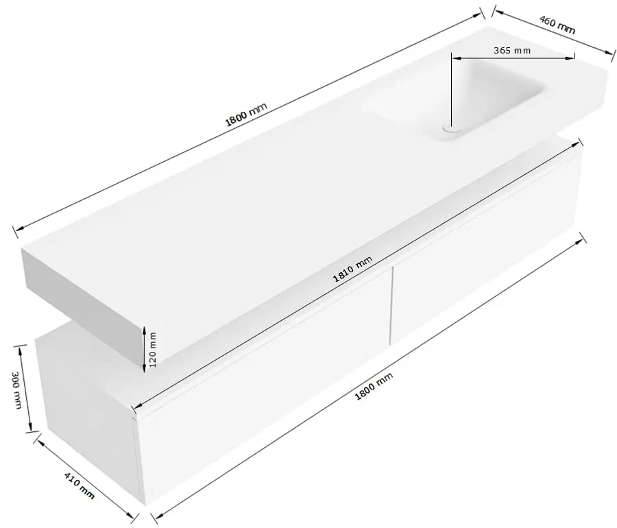 Zaro Alan badmeubel 180cm urban 2 lades met vrijhangende wastafel cloud rechts 1 kraangat talc