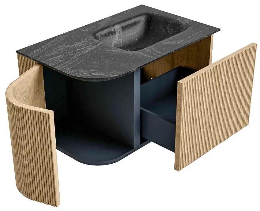 Mondiaz Kurve-dlux 75cm badmeubel ronding links oak met 1 lade en deur en wastafel grunne rechts zonder kraangat lava