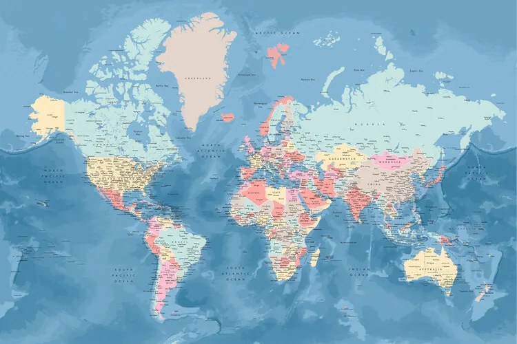 Kaart Light blue and pastels detailed world map, Blursbyai