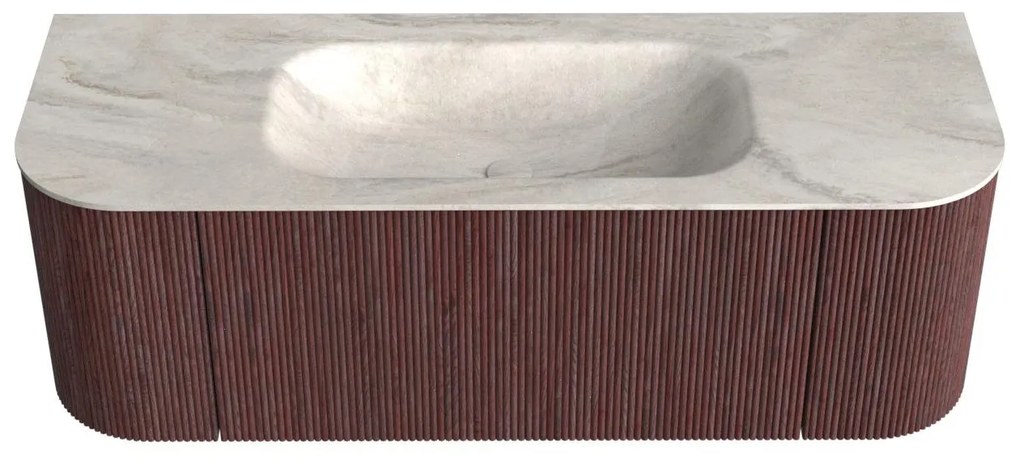 Mondiaz Kurve-dlux 130cm badmeubel ronding links/rechts ruby met 1 lade en 2 deuren en wastafel big small midden zonder kraangat ostra