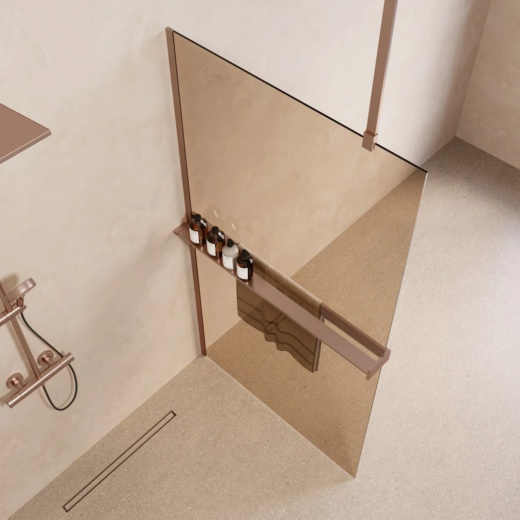 Saniclear Bright inloopdouche 90cm met handdoekhouder en bronsglas geborsteld koper