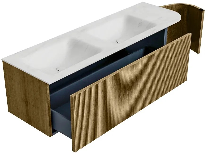 Mondiaz Kurve-dlux 145cm badmeubel ronding rechts dusk met 1 lade en deur en wastafel leaf dubbel/links 2 kraangaten opalo