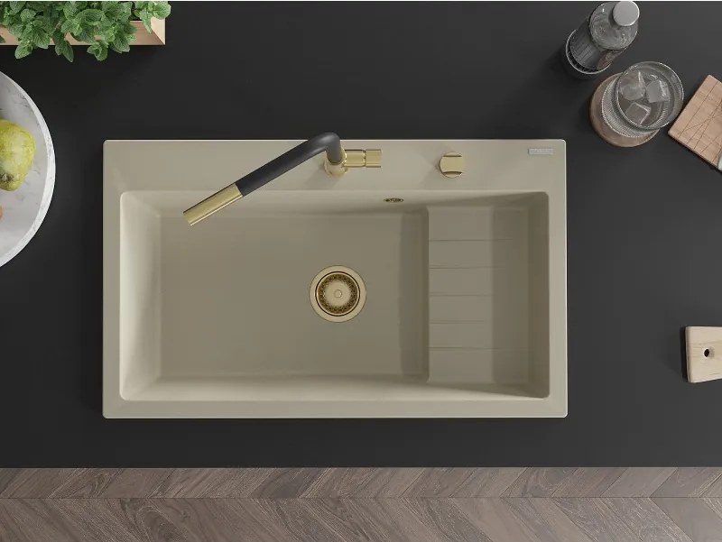 Mexen Omar granieten spoelbak 1-kamer 800 x 480 mm, beige, gouden sifon - 6520801005-69-G