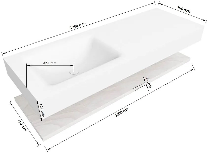 Zaro Alan badmeubel 130cm met planchet washed oak en vrijhangende wastafel cloud links 1 kraangat talc