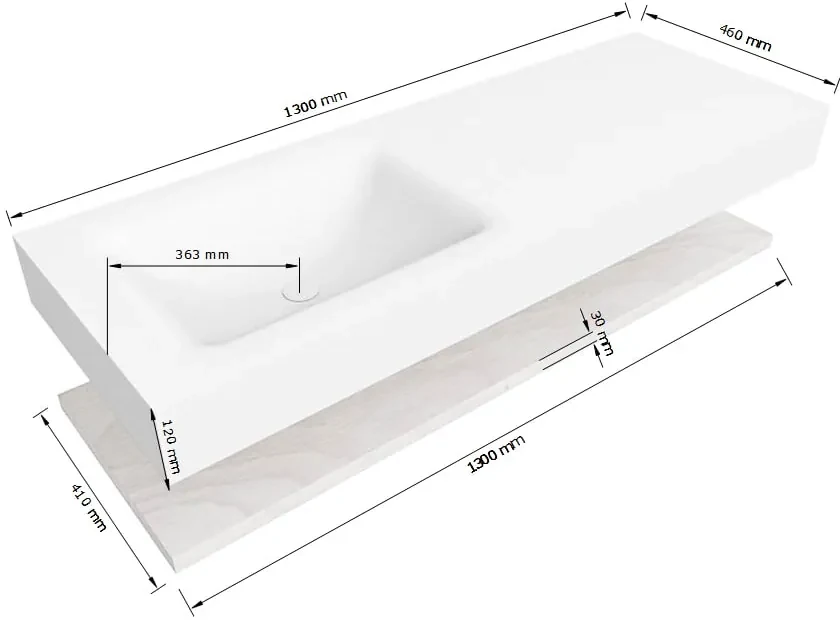 Zaro Alan badmeubel 130cm met planchet washed oak en vrijhangende wastafel cloud links zonder kraangat talc
