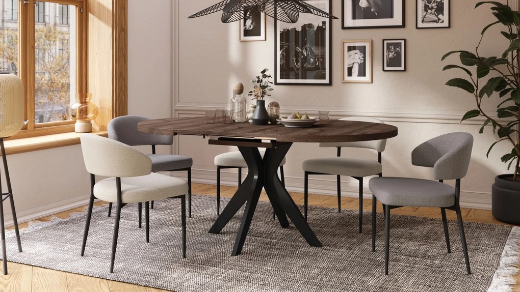 RENZO Bruin Eiken/zwarte poot - RONDE TAFEL Ø110 UITKLAPBAAR TOT 180 cm | VOOR DE KEUKEN EETKAMER WOONKAMER RETRO