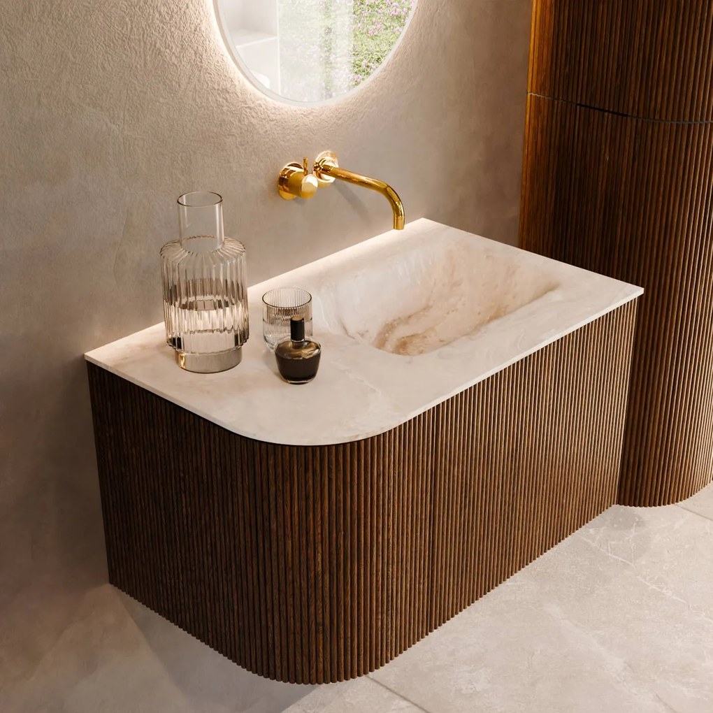 Mondiaz Kurve-dlux 75cm badmeubel ronding links dusk met 1 lade en deur en wastafel grunne rechts zonder kraangat frappe