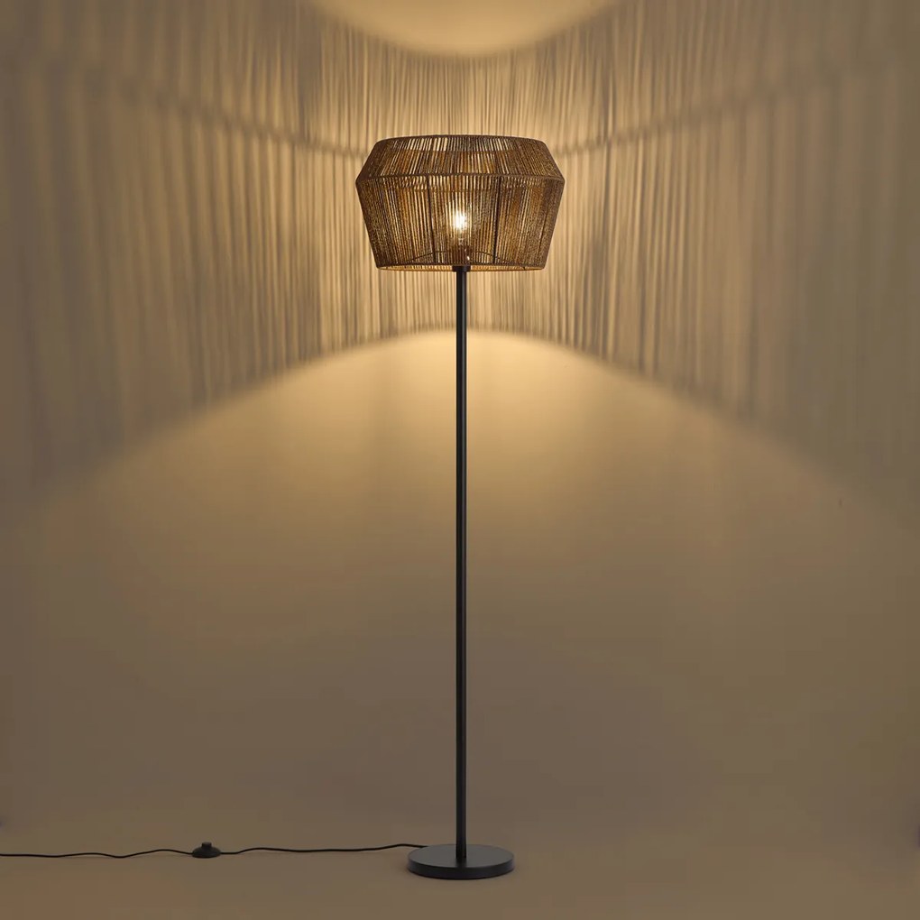 Vloerlamp zwart met bruine papieren touw kap 50/50/30 - Simplo