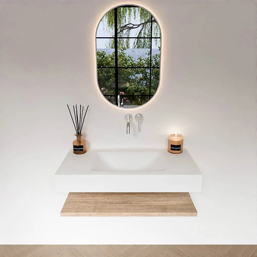 Zaro Alan badmeubel 90cm met planchet washed oak en vrijhangende wastafel cloud midden zonder kraangat talc