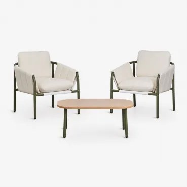 Zunika Tuinset Met 2 Gestoffeerde Fauteuils En Salontafel Van Staal Groen – Intens Olijf - Sklum