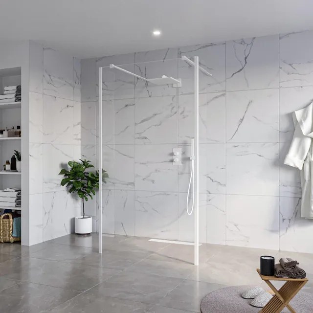 Fortifura Galeria Vrijstaande Inloopdouche - 110x200cm - Helder - antikalk - 8mm veiligheidsglas - 2 zijwanden 40cm - wandsteunen en hoekprofielen - Wit mat SW927768 2x/SW915250/SW797911 2x/SW541264 2x