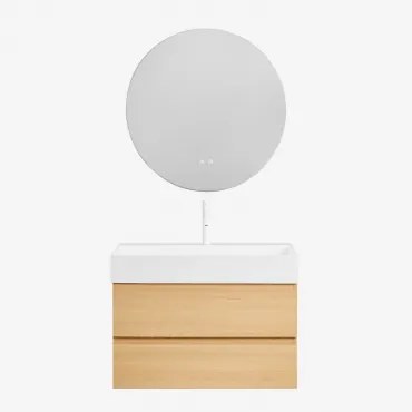 Badkamermeubelset Van Hout En Essenhoutfineer Met Geïntegreerde Wastafel Ona Natuurlijk Hout & Round Led And Antifog Ø70 Cm Solyn & - Sklum