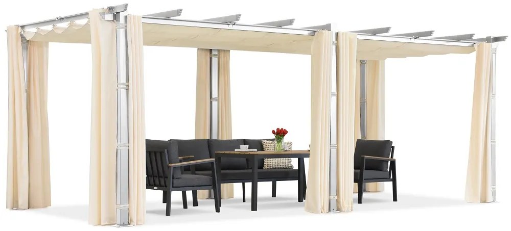 Barbados terraspergola 3x6 m met Garden Point gordijnen wit en beige