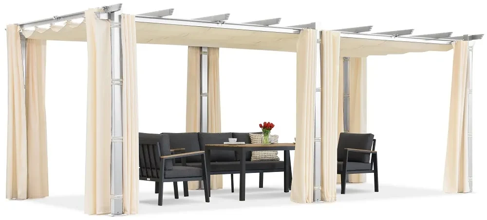 Barbados terraspergola 3x6 m met Garden Point gordijnen wit en beige