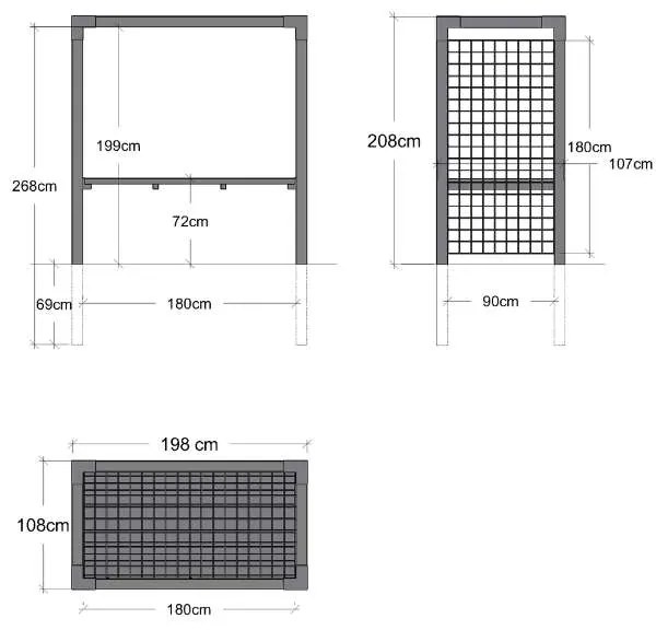 Pergola staal met gaaspanelen en houten tafel zwart | 198 x 108 x 208 cm