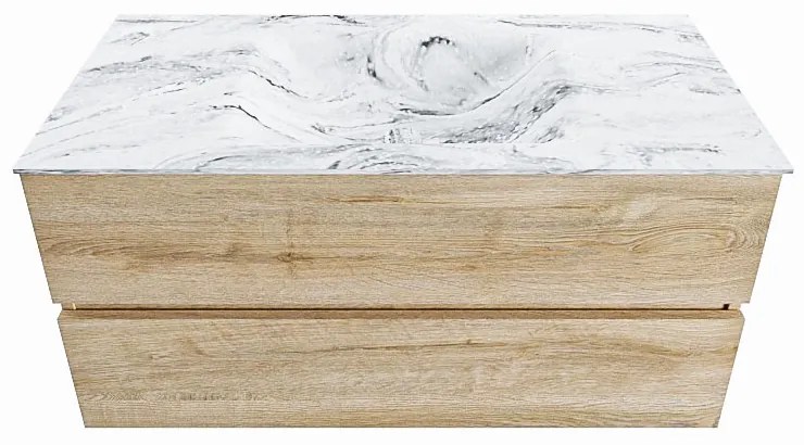 Mondiaz Vica DLux badmeubel 100cm washed oak 2 lades met wastafel glace midden zonder kraangat