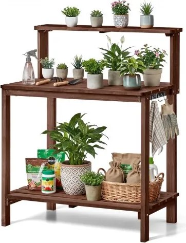 VEVOR Plantentafel, Tuintafel, Werktafel voor in de tuin met groot houten blad, planken en haken, Bloementafel, Verpottafel voor buiten op terras en in de tuin, Bruin, Plankmodel, 910x495x1085 mm