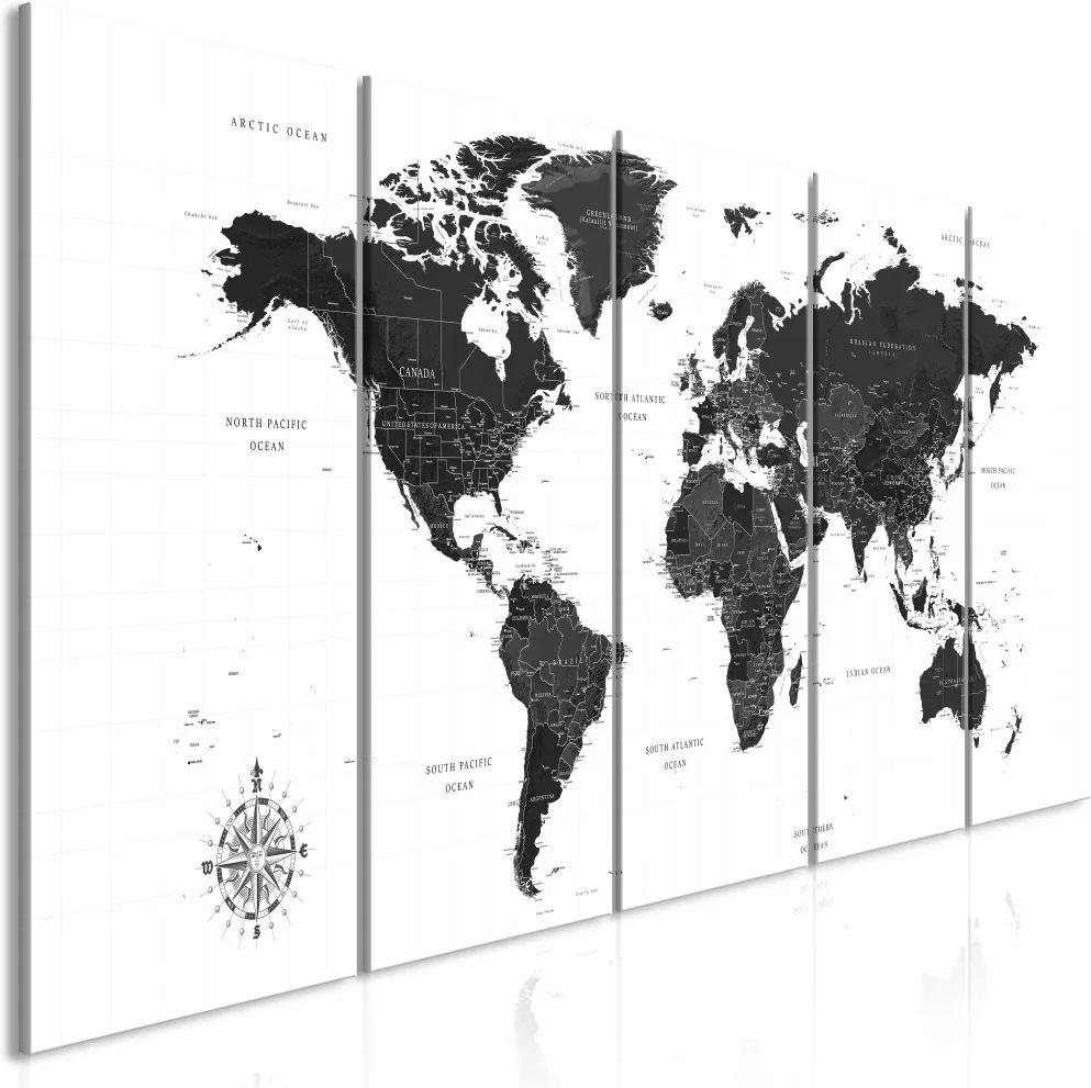 Schilderij - Wereldkaart in zwart/wit, 5 luik