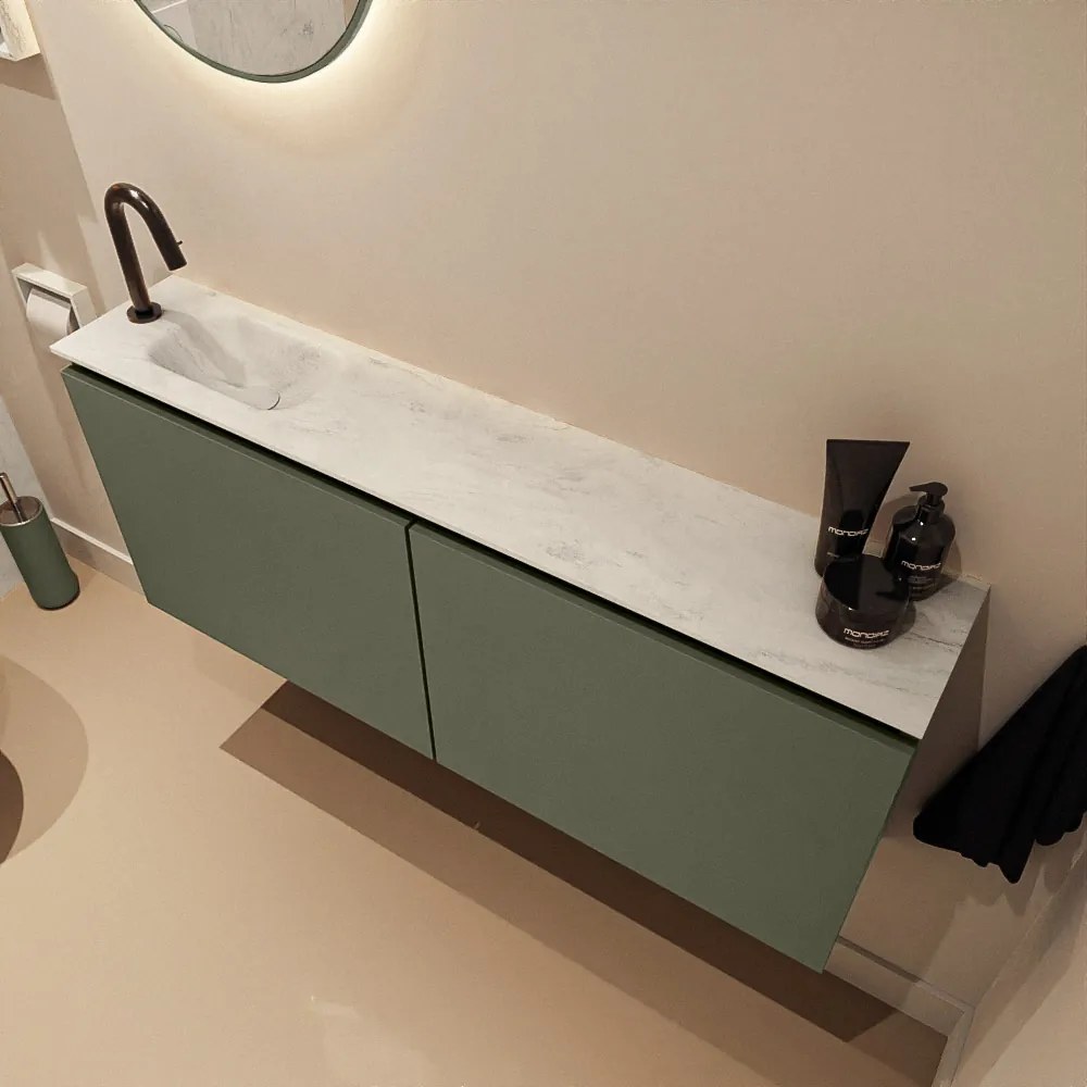 Mondiaz Ture DLux toiletmeubel 120cm army met wastafel opalo links met kraangat