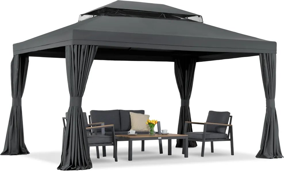 Antracietkleurig tuinpaviljoen met gordijnen Valencia 3x4m Garden Point
